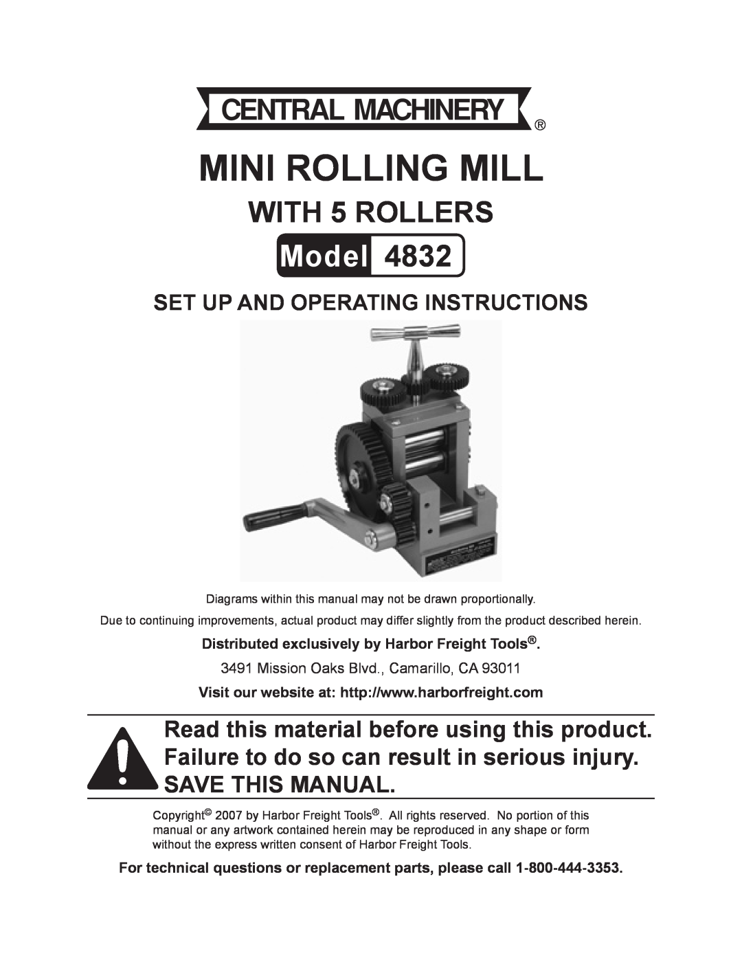 Harbor Freight Tools 4832 manual Distributed exclusively by Harbor Freight Tools, Mini rolling Mill, Model, With 5 rollers 