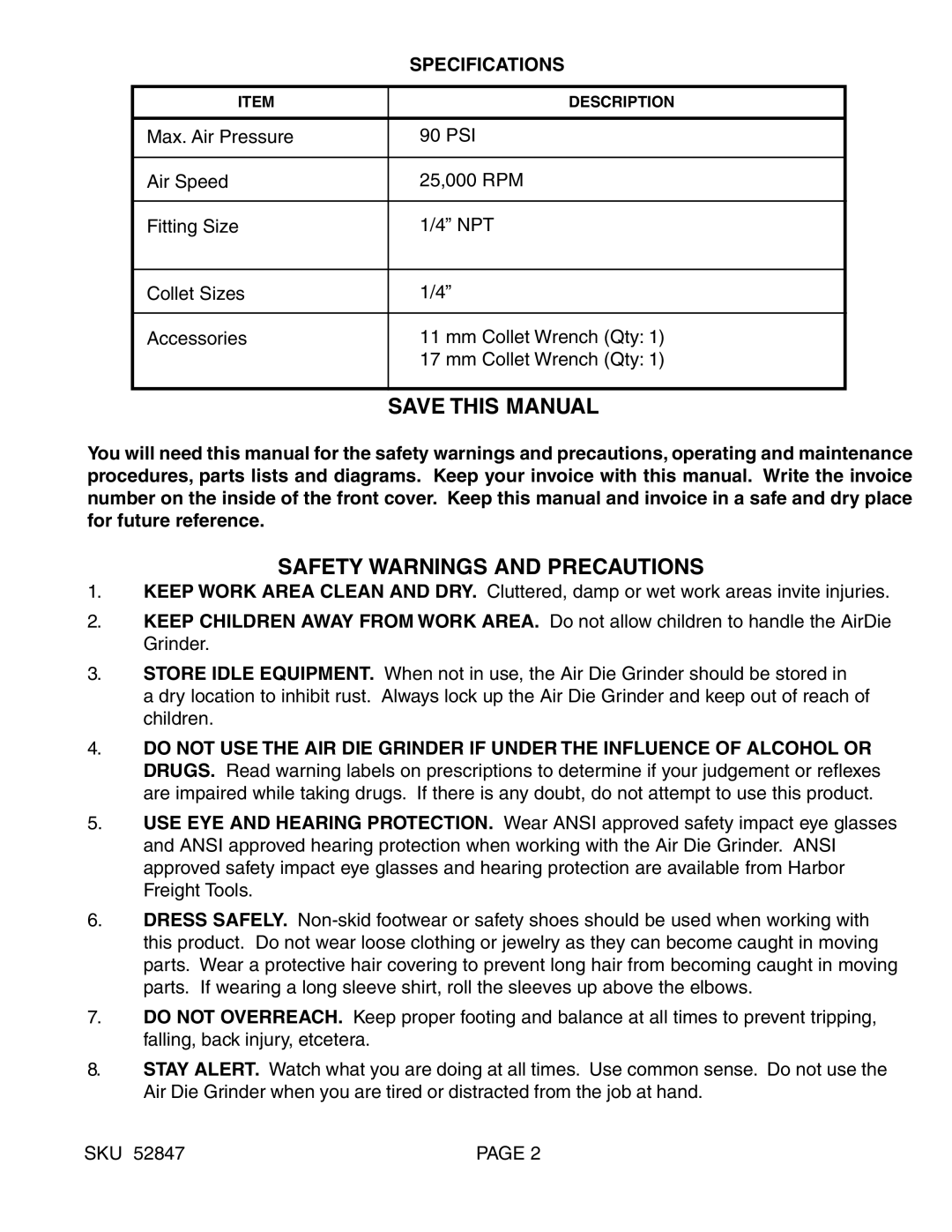 Harbor Freight Tools 52847 manual Save this Manual, Safety Warnings and Precautions, Specifications 