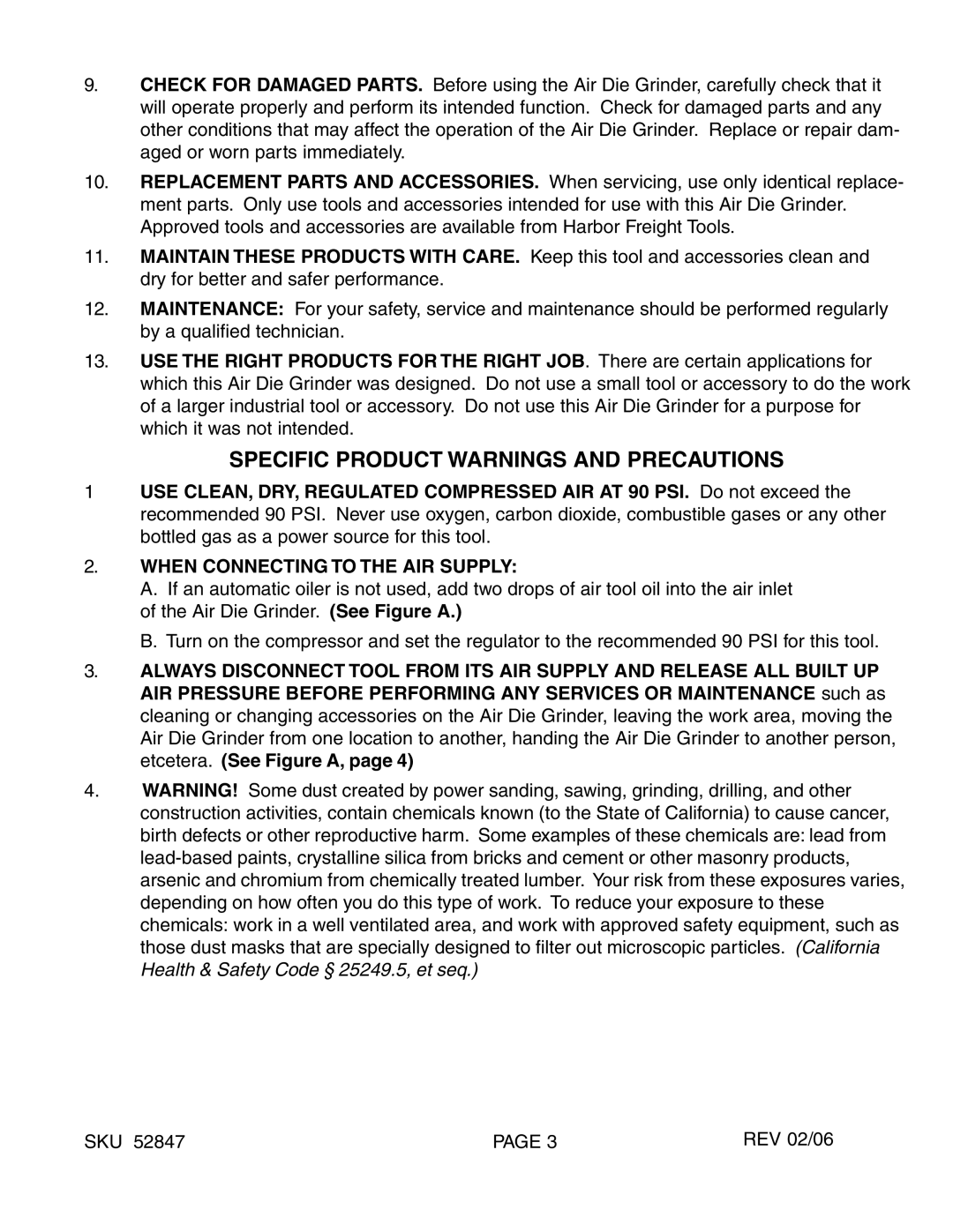 Harbor Freight Tools 52847 manual Specific Product Warnings and Precautions, When Connecting to the AIR Supply 