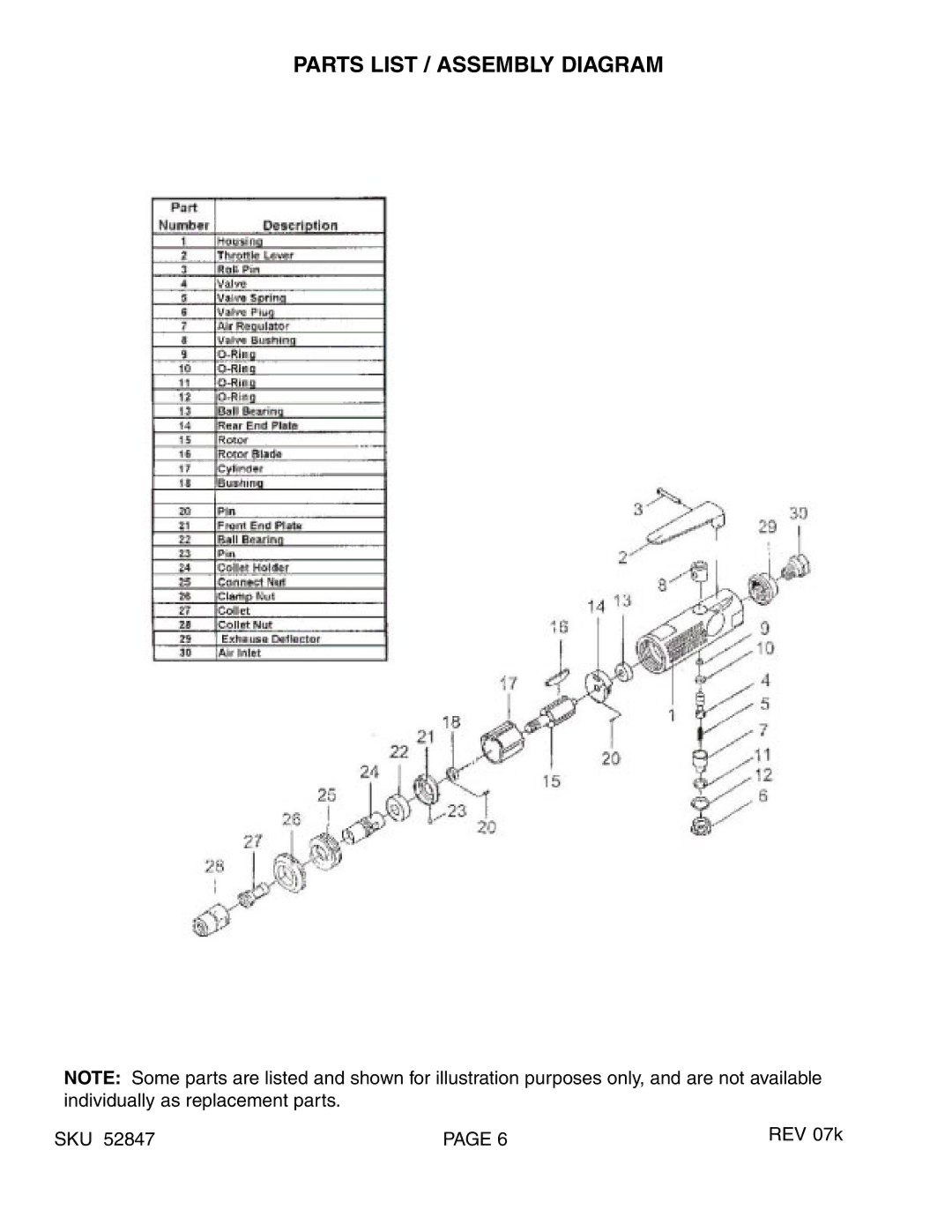 Harbor Freight Tools 52847 manual Parts List / Assembly Diagram 