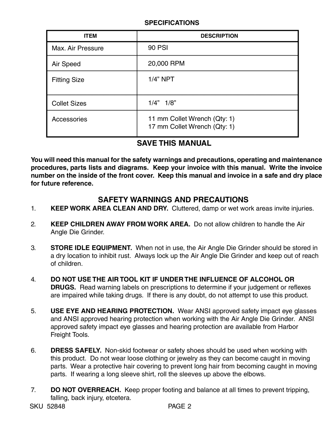 Harbor Freight Tools 52848 manual Save this Manual, Safety Warnings and Precautions, Specifications 