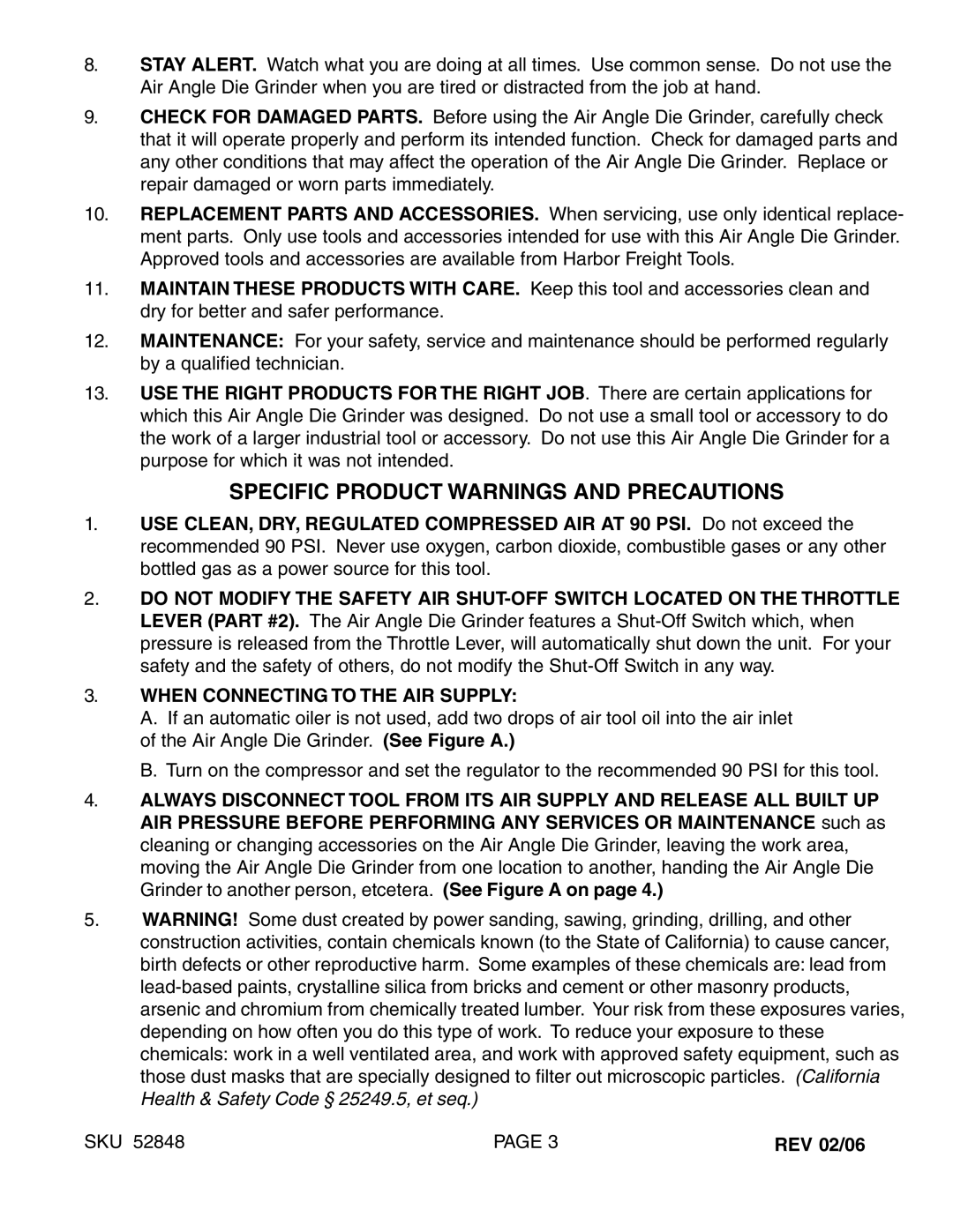 Harbor Freight Tools 52848 manual Specific Product Warnings and Precautions, When Connecting to the AIR Supply 