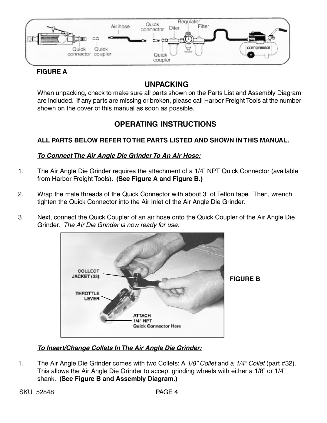 Harbor Freight Tools 52848 manual Unpacking, Operating Instructions, To Connect The Air Angle Die Grinder To An Air Hose 