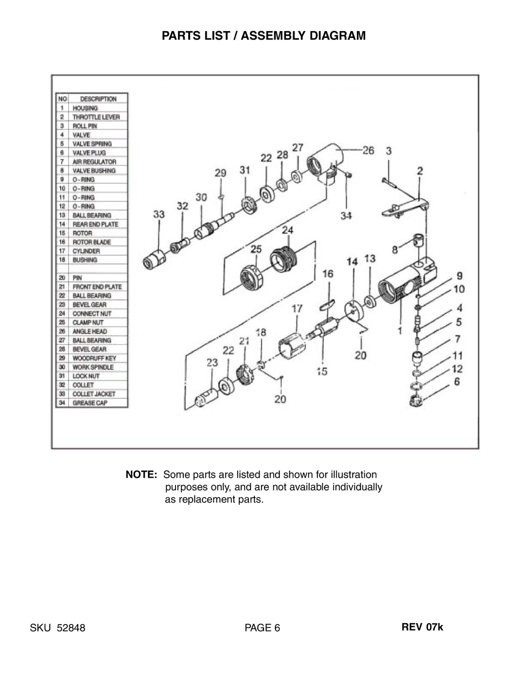 Harbor Freight Tools 52848 manual Parts List / Assembly Diagram 