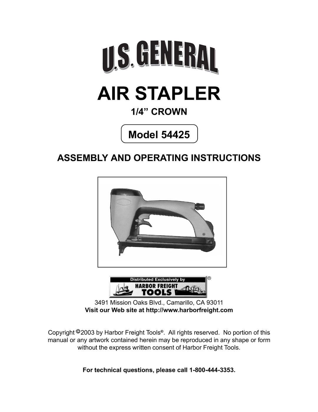 Harbor Freight Tools 54425 operating instructions AIR Stapler 