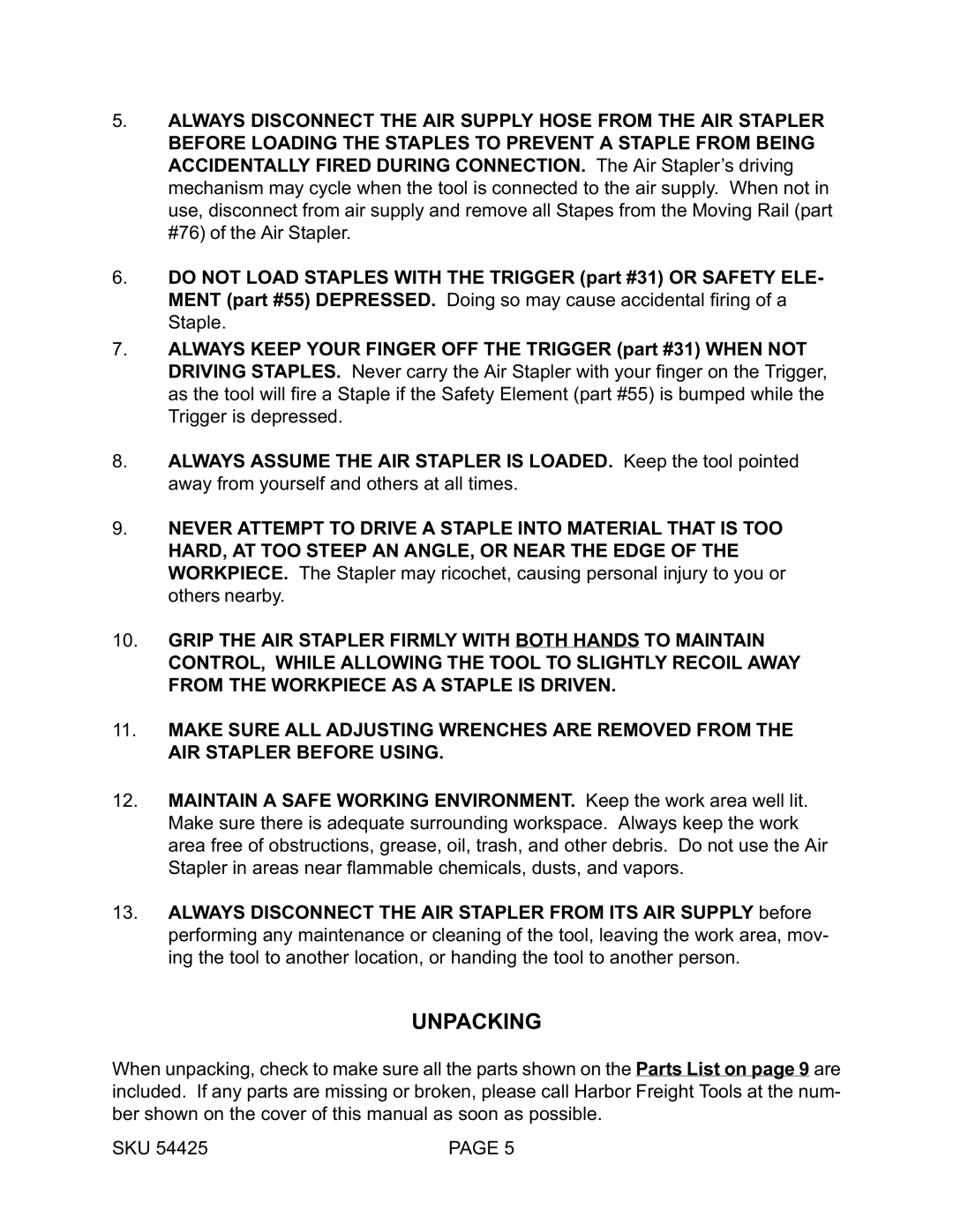 Harbor Freight Tools 54425 operating instructions Unpacking 