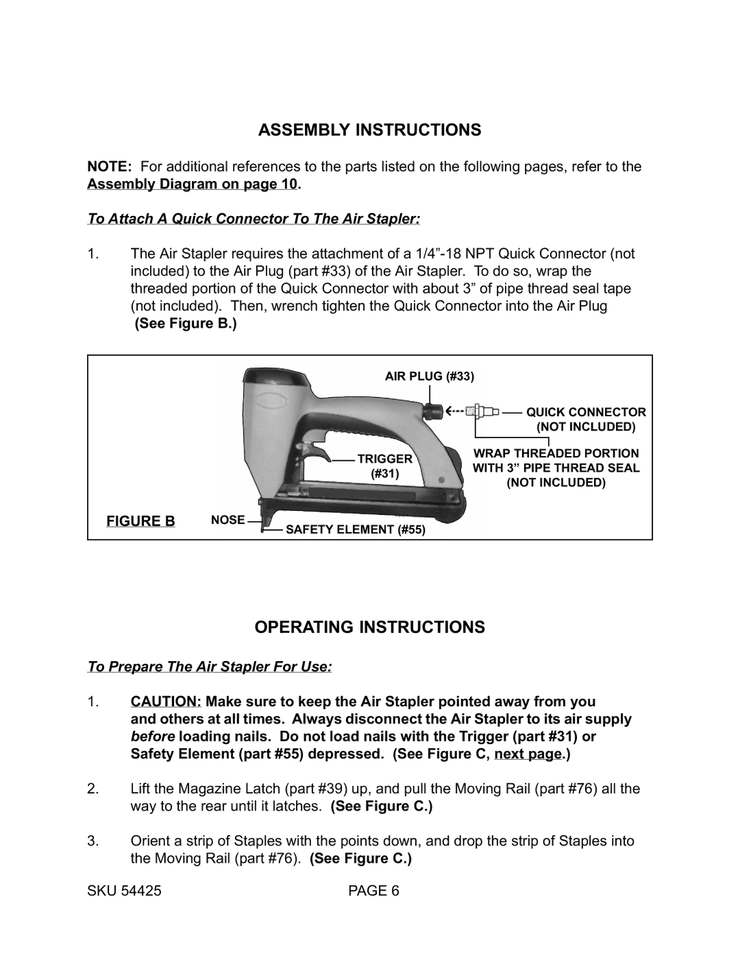 Harbor Freight Tools 54425 operating instructions Assembly Instructions, Operating Instructions 