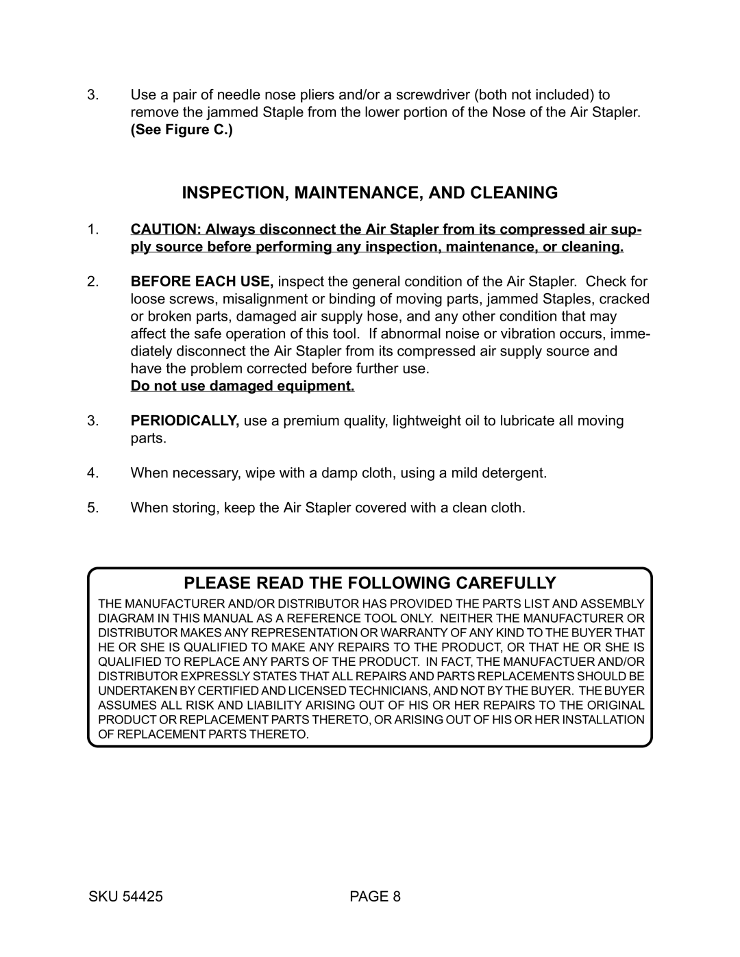 Harbor Freight Tools 54425 INSPECTION, MAINTENANCE, and Cleaning, Please Read the Following Carefully 