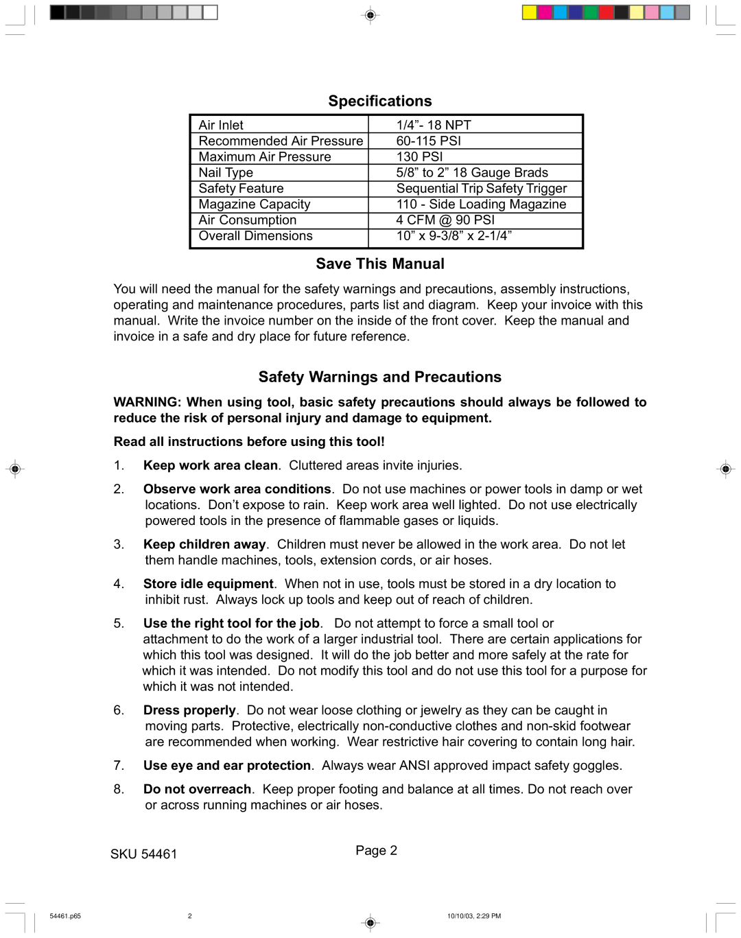 Harbor Freight Tools 54461 operating instructions Specifications, Save This Manual, Safety Warnings and Precautions 