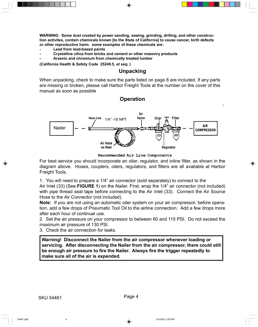 Harbor Freight Tools 54461 operating instructions Unpacking, Operation 