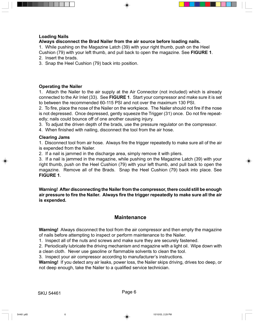 Harbor Freight Tools 54461 operating instructions Maintenance 