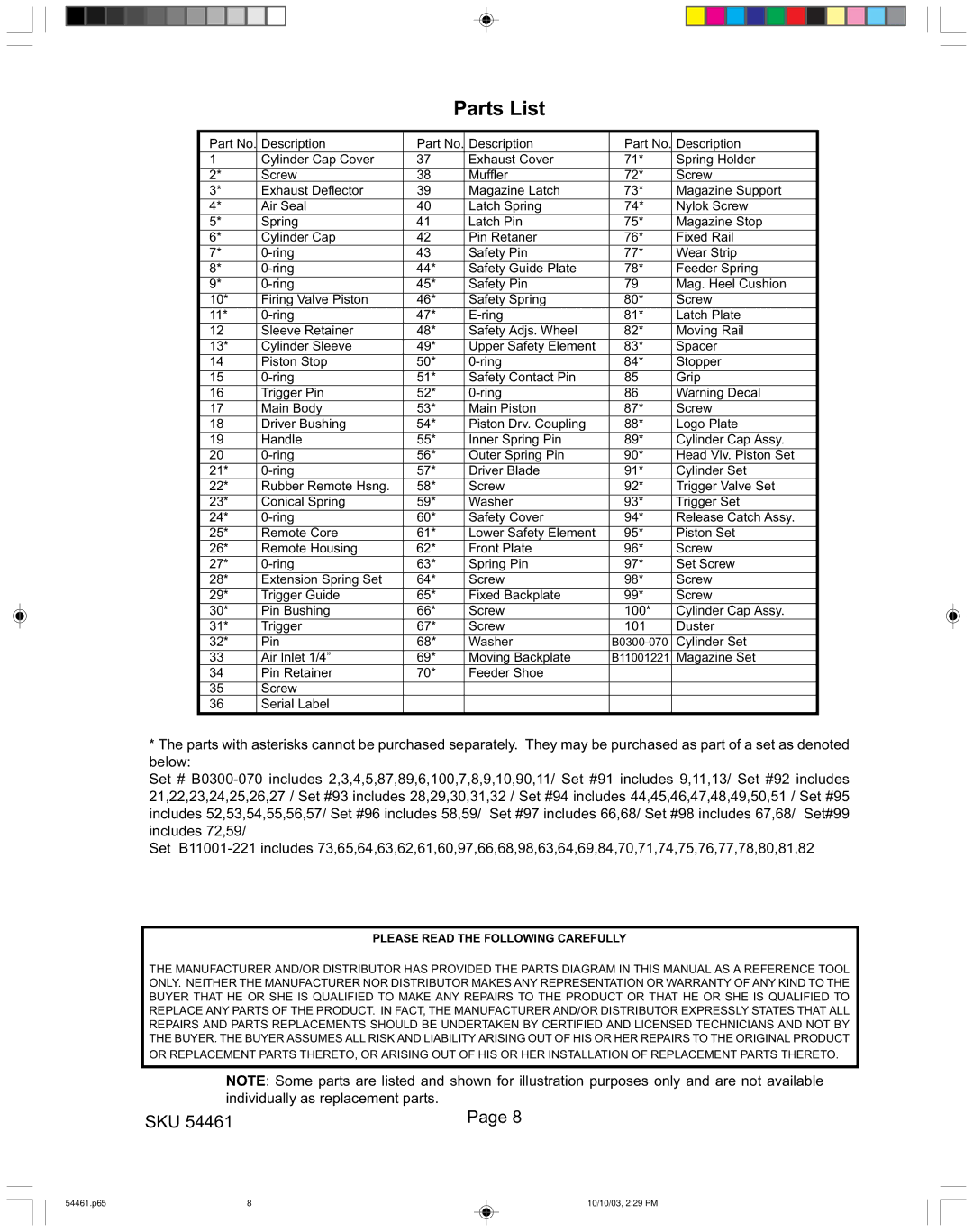 Harbor Freight Tools 54461 operating instructions Parts List 