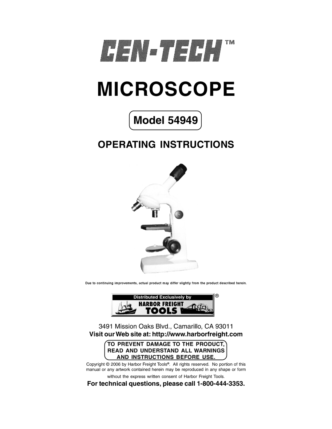 Harbor Freight Tools 54949 operating instructions Operating Instructions, For technical questions, please call 