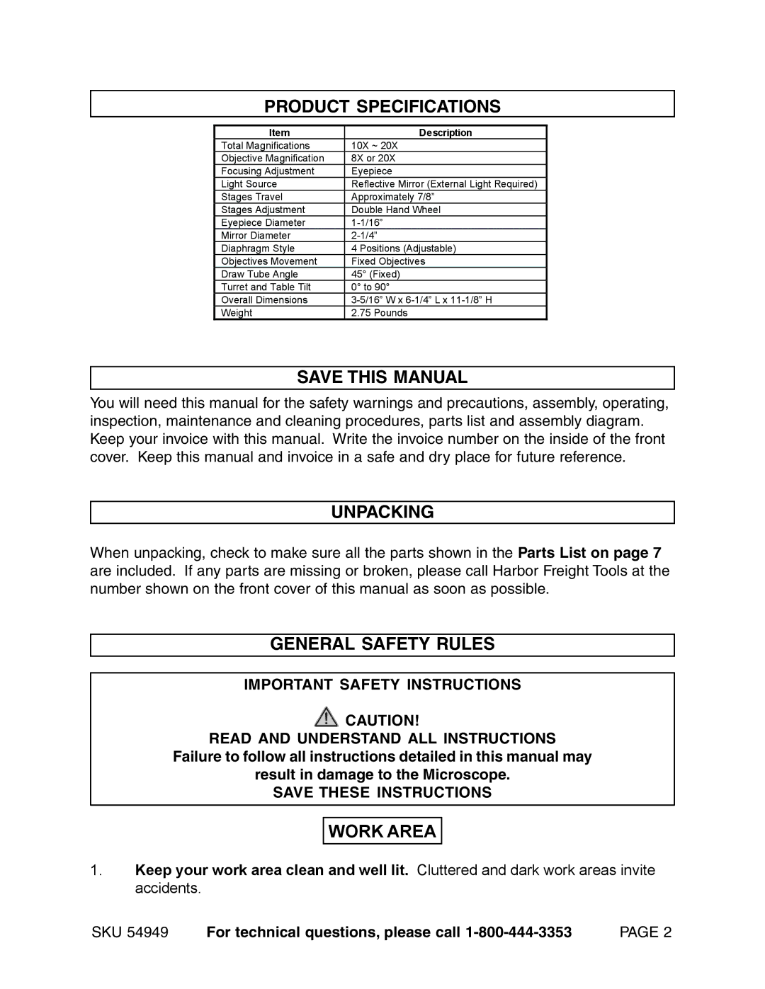 Harbor Freight Tools 54949 Product Specifications, Save this Manual, Unpacking, General Safety Rules, Work Area 