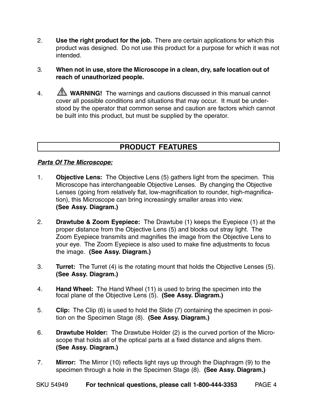 Harbor Freight Tools 54949 operating instructions Product Features, Parts Of The Microscope, See Assy. Diagram 