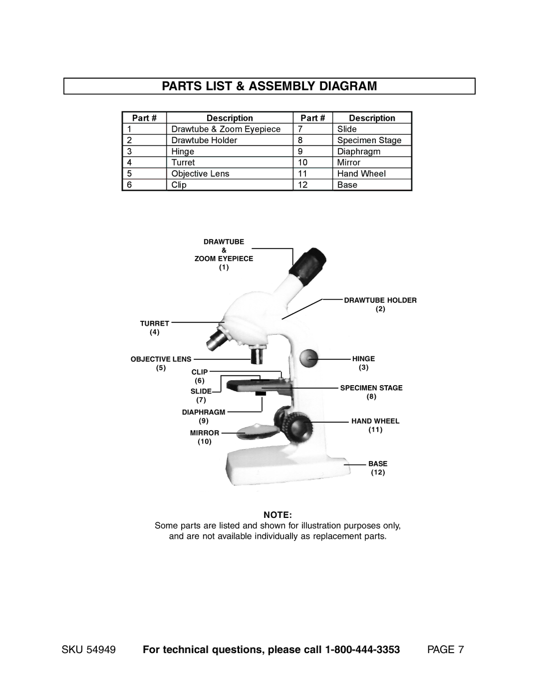 Harbor Freight Tools 54949 operating instructions Parts List & Assembly Diagram, Description 