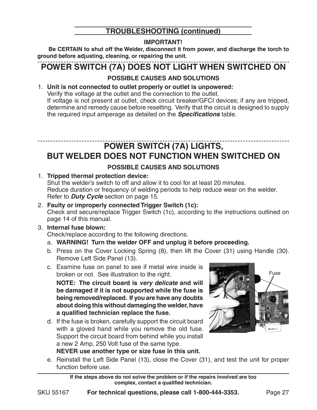 Harbor Freight Tools 55167 Power switch 7a does not light when switched on, Troubleshooting, Internal fuse blown 