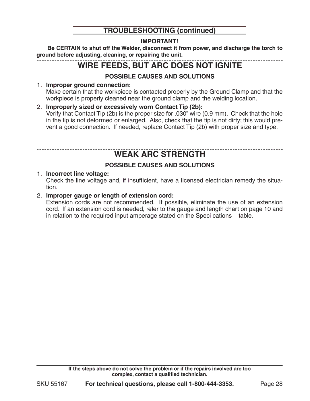 Harbor Freight Tools 55167 operating instructions Wire Feeds, but arc does not ignite, Weak Arc strength 