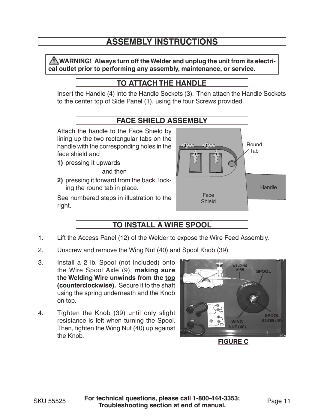 Harbor Freight Tools 55525 Assembly Instructions, To Attach The Handle, Face Shield Assembly, To Install a Wire Spool 