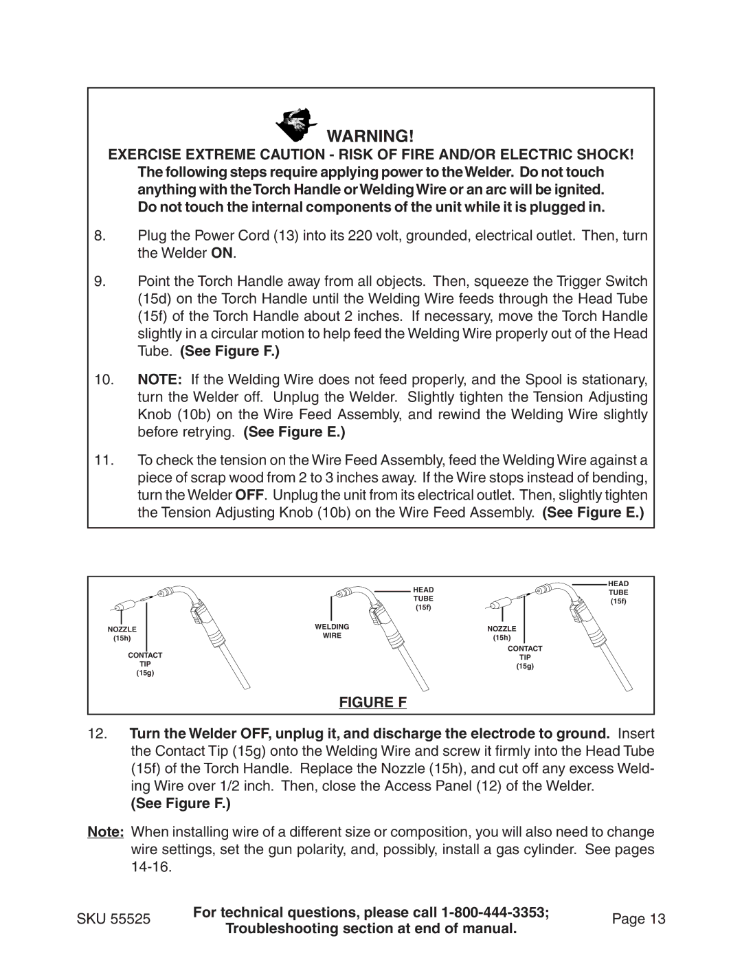 Harbor Freight Tools 55525 manual Exercise Extreme Caution Risk of Fire AND/OR Electric Shock, Figure F 