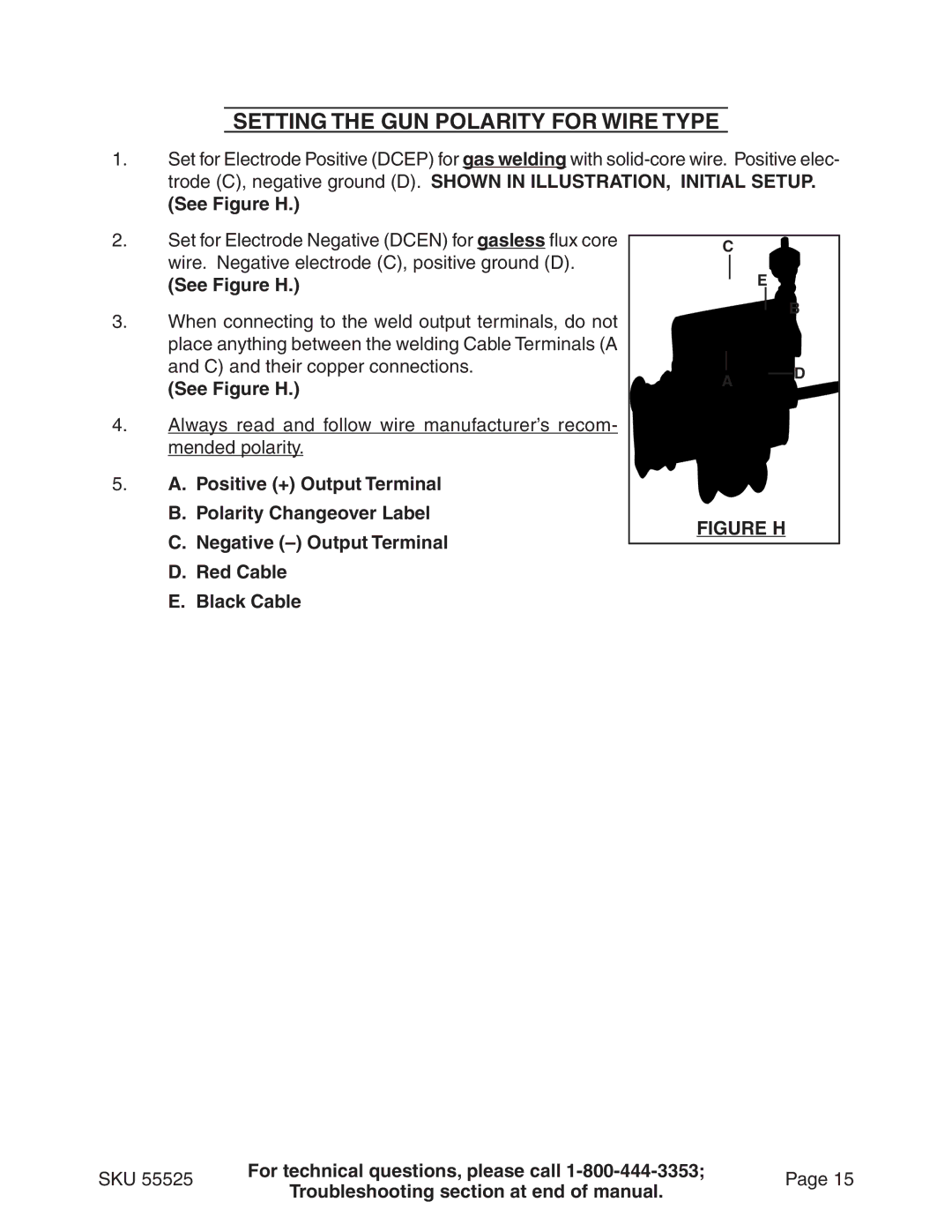 Harbor Freight Tools 55525 manual Setting The Gun Polarity For Wire Type, See Figure H 