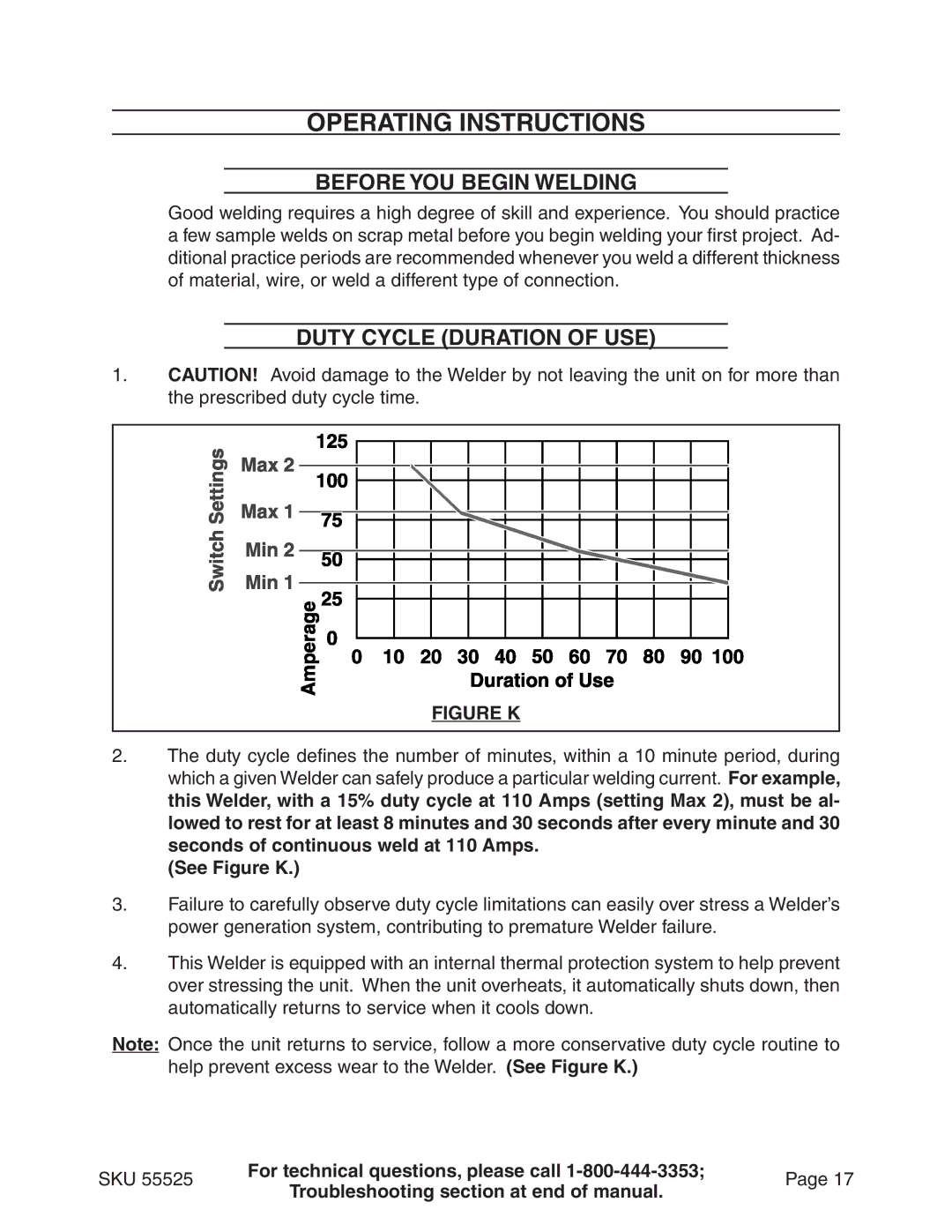 Harbor Freight Tools 55525 Operating Instructions, Before You Begin Welding, Duty Cycle Duration of Use, See Figure K 