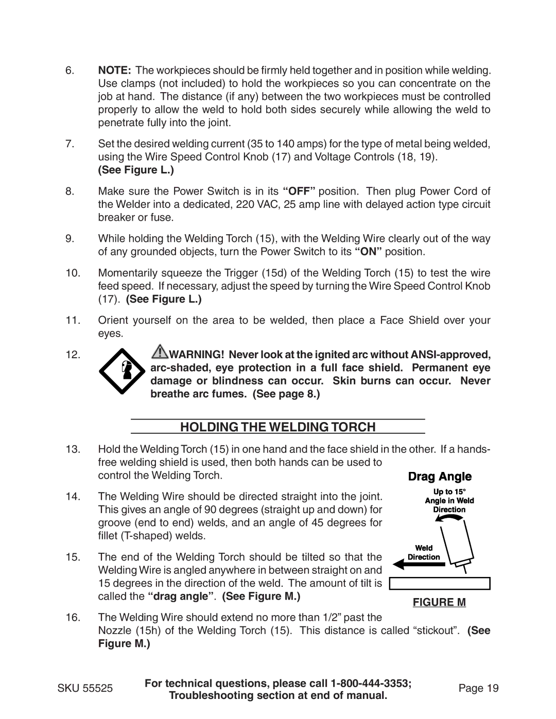 Harbor Freight Tools 55525 manual Holding The Welding Torch, Figure M 