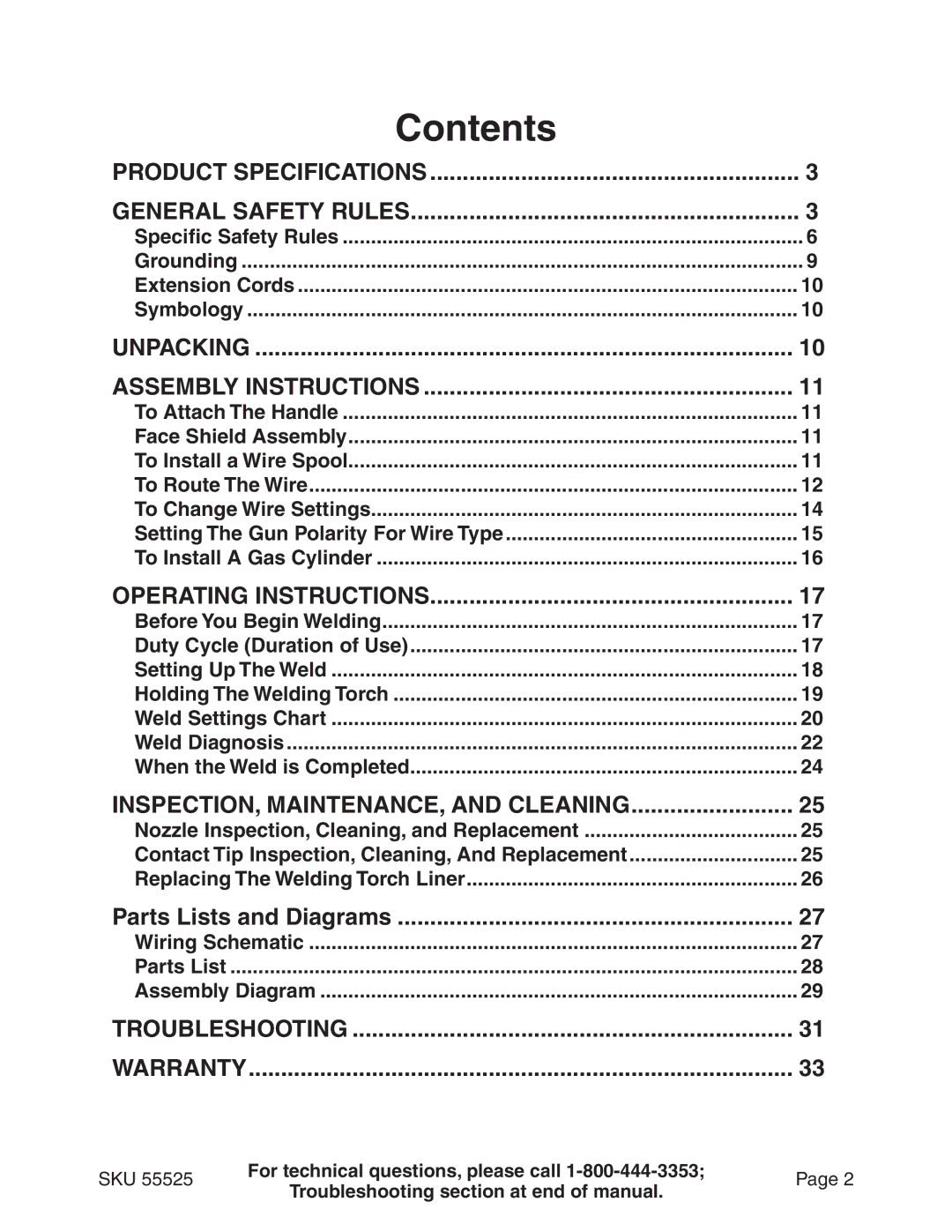 Harbor Freight Tools 55525 manual Contents 