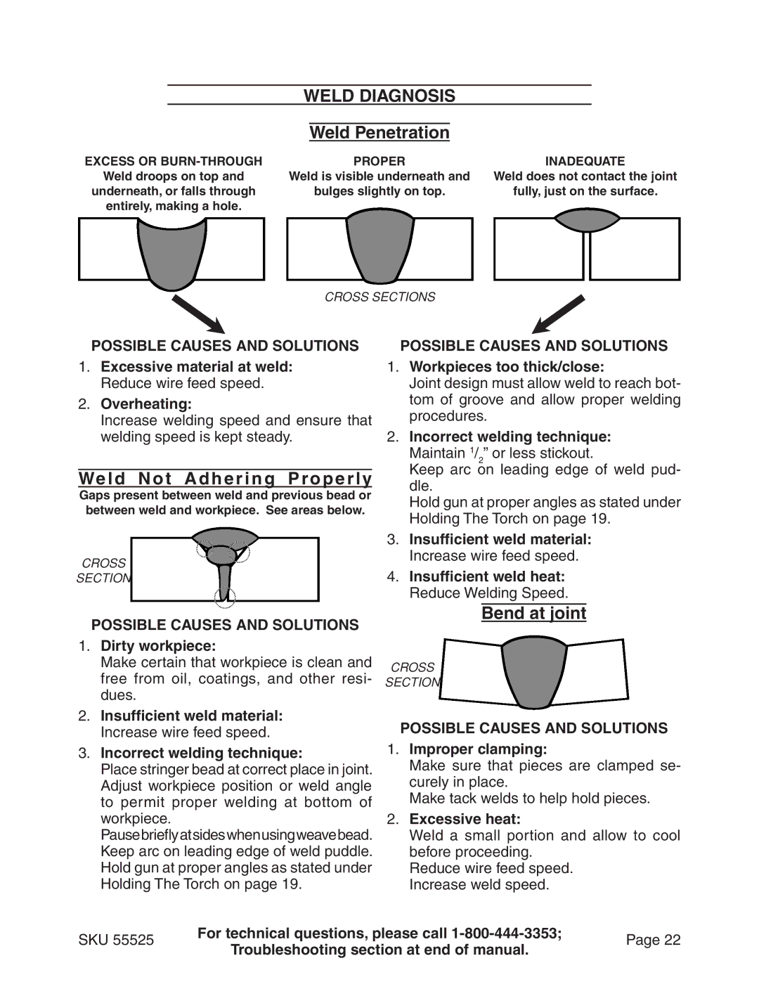 Harbor Freight Tools 55525 manual Weld Diagnosis Weld Penetration, Weld Not Adhering Properly, Bend at joint 