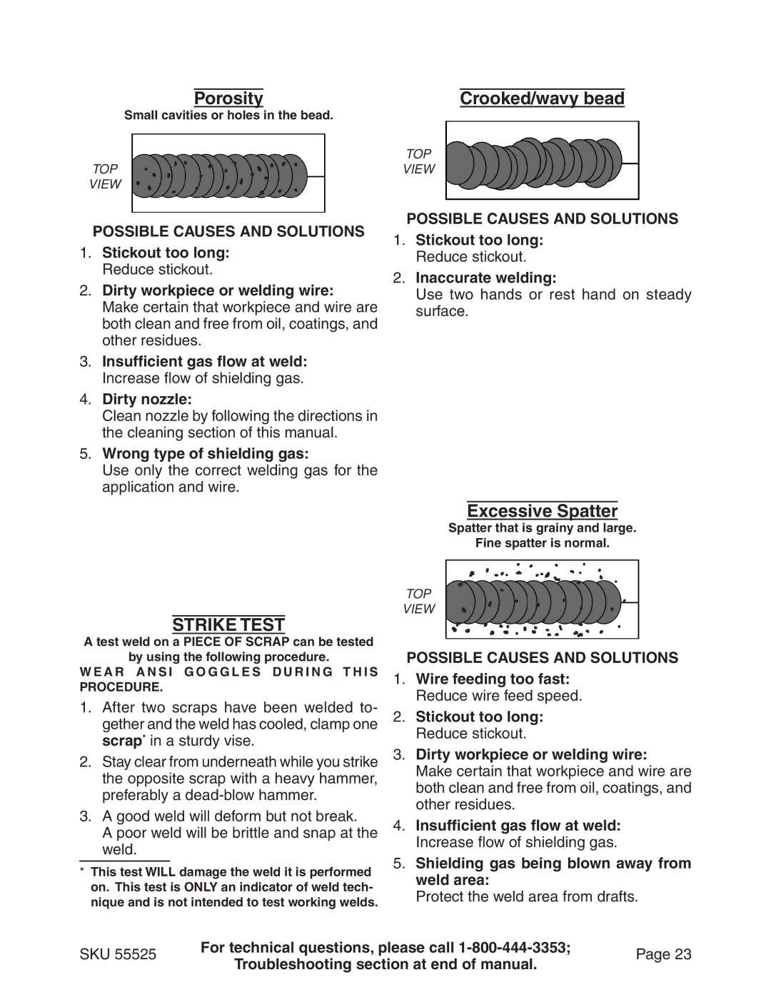 Harbor Freight Tools 55525 manual Porosity, Excessive Spatter, Strike Test 