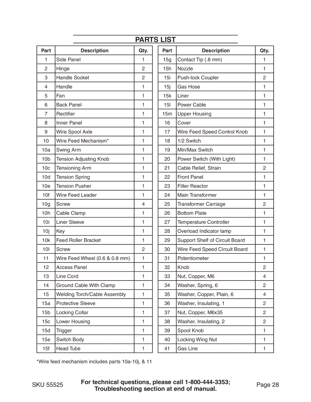 Harbor Freight Tools 55525 manual Parts List, Part Description Qty 