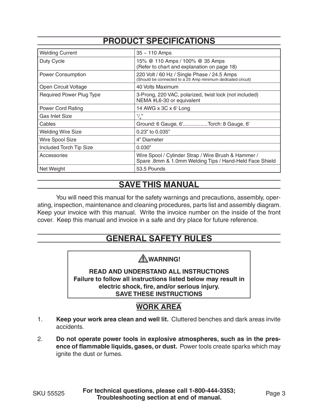 Harbor Freight Tools 55525 manual Product Specifications, Save this Manual, General Safety Rules, Work Area 