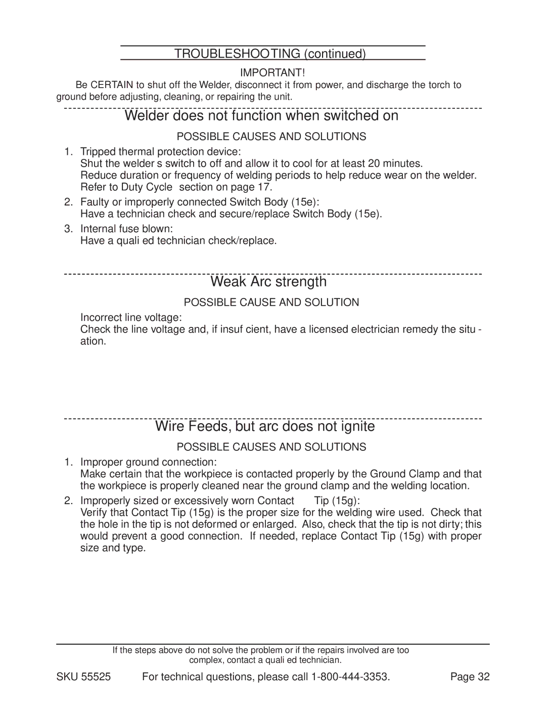 Harbor Freight Tools 55525 manual Welder does not function when switched on, Weak Arc strength, Troubleshooting 