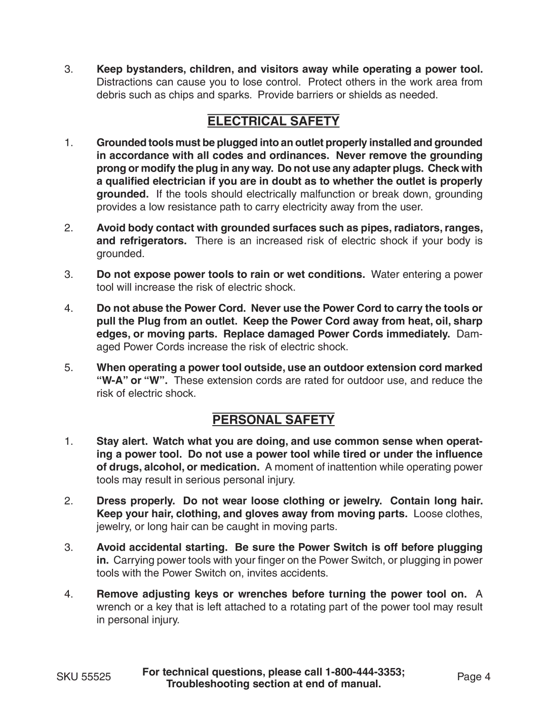 Harbor Freight Tools 55525 manual Electrical Safety, Personal Safety 