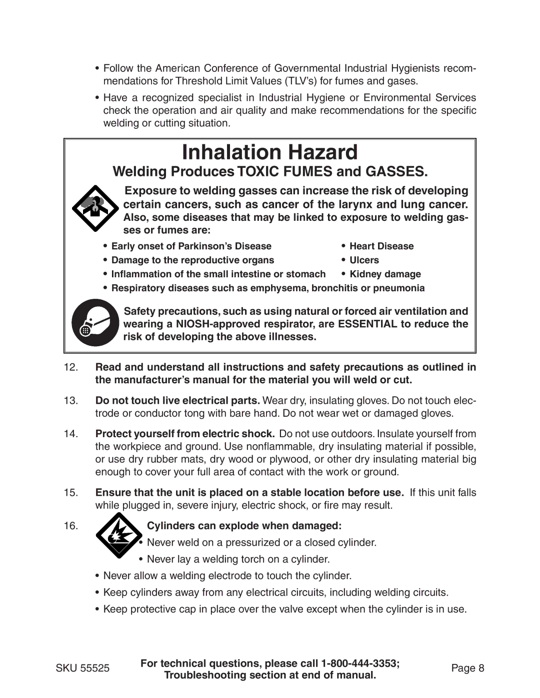 Harbor Freight Tools 55525 manual Welding Produces toxic fumes and gasses, Cylinders can explode when damaged 