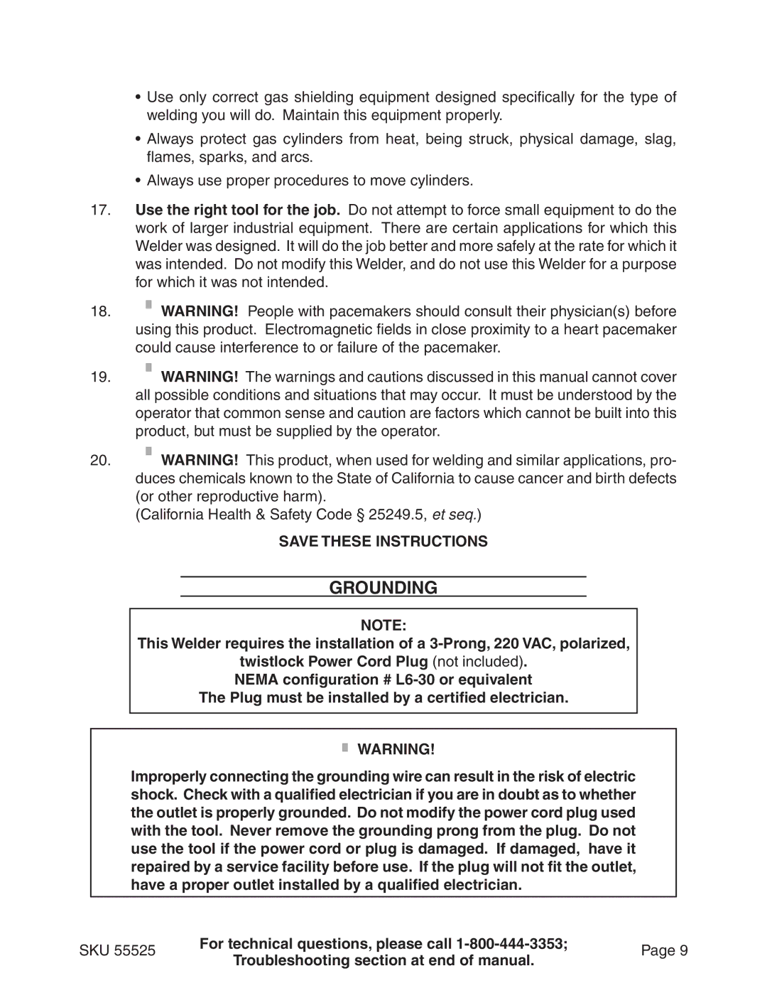 Harbor Freight Tools 55525 manual Grounding 