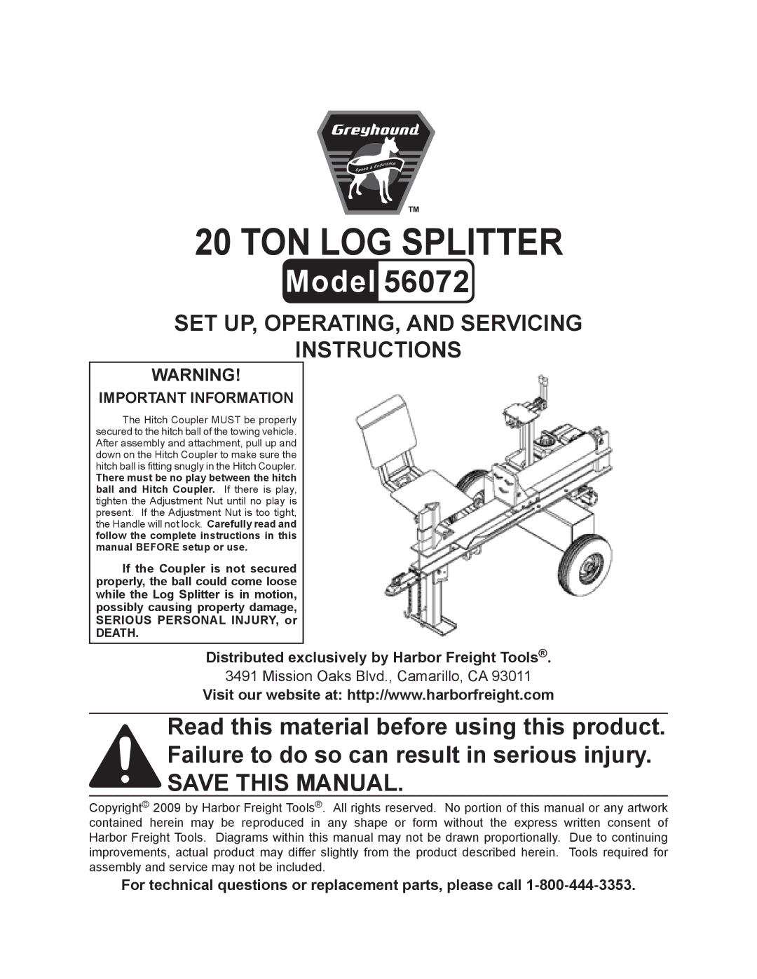 Harbor Freight Tools 56072 manual Distributed exclusively by Harbor Freight Tools 