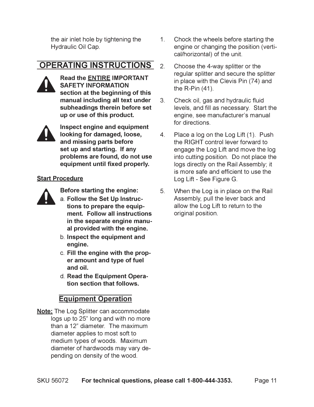 Harbor Freight Tools 56072 manual Operating Instructions, Equipment Operation, SKU For technical questions, please call 