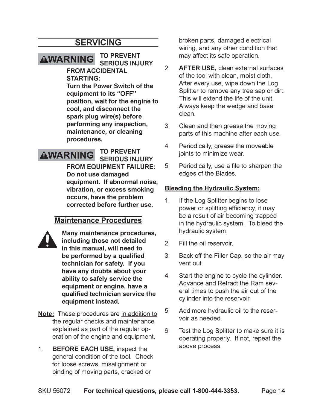 Harbor Freight Tools 56072 manual Servicing, Maintenance Procedures, Bleeding the Hydraulic System 