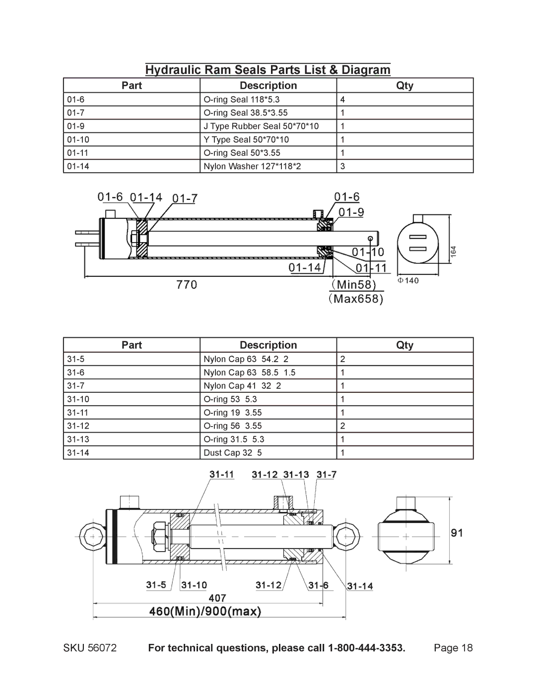 Harbor Freight Tools 56072 manual Hydraulic Ram Seals Parts List & Diagram 