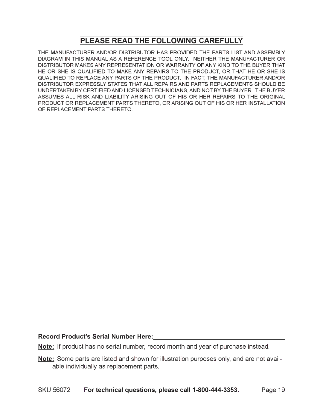 Harbor Freight Tools 56072 manual Please Read the Following Carefully, Record Product’s Serial Number Here 