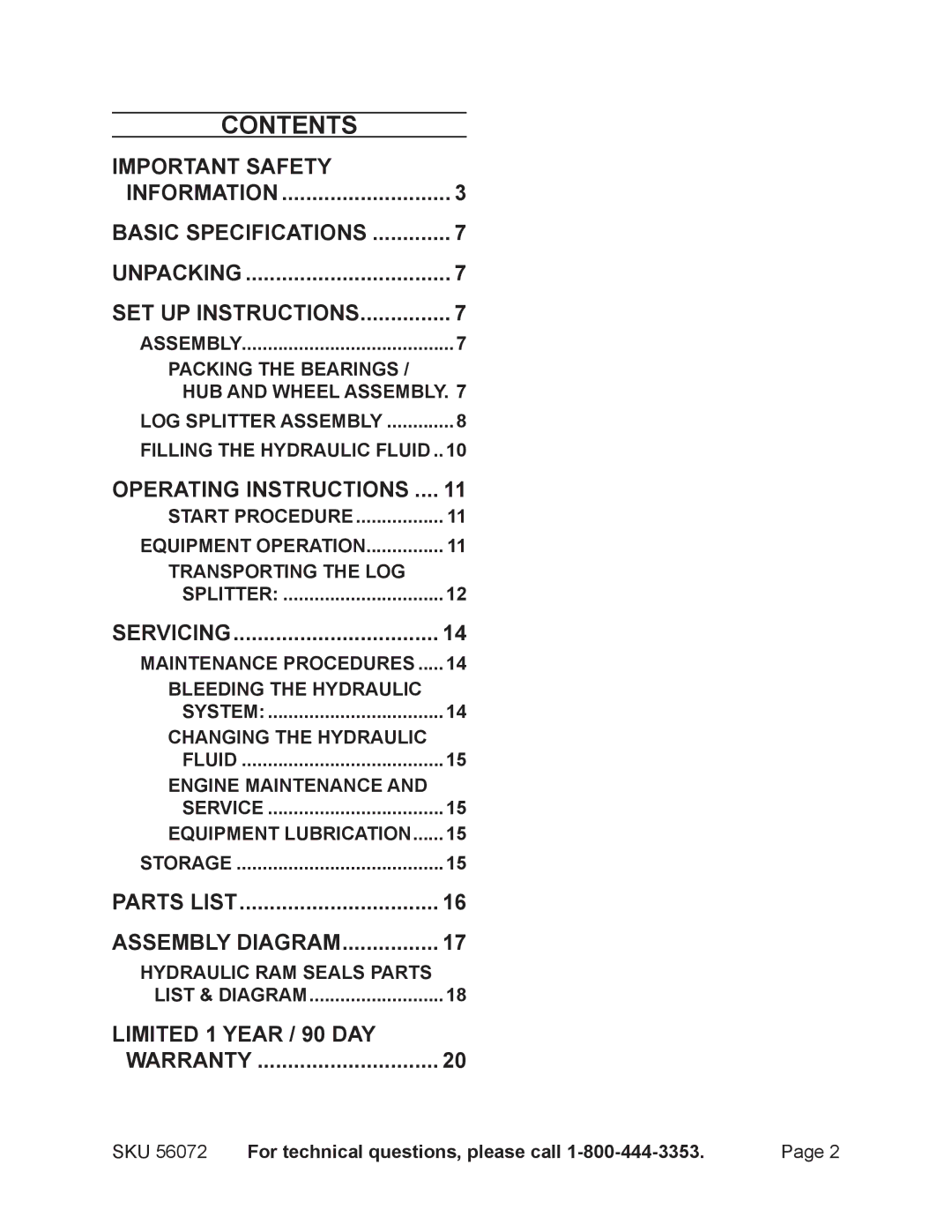 Harbor Freight Tools 56072 manual Contents 