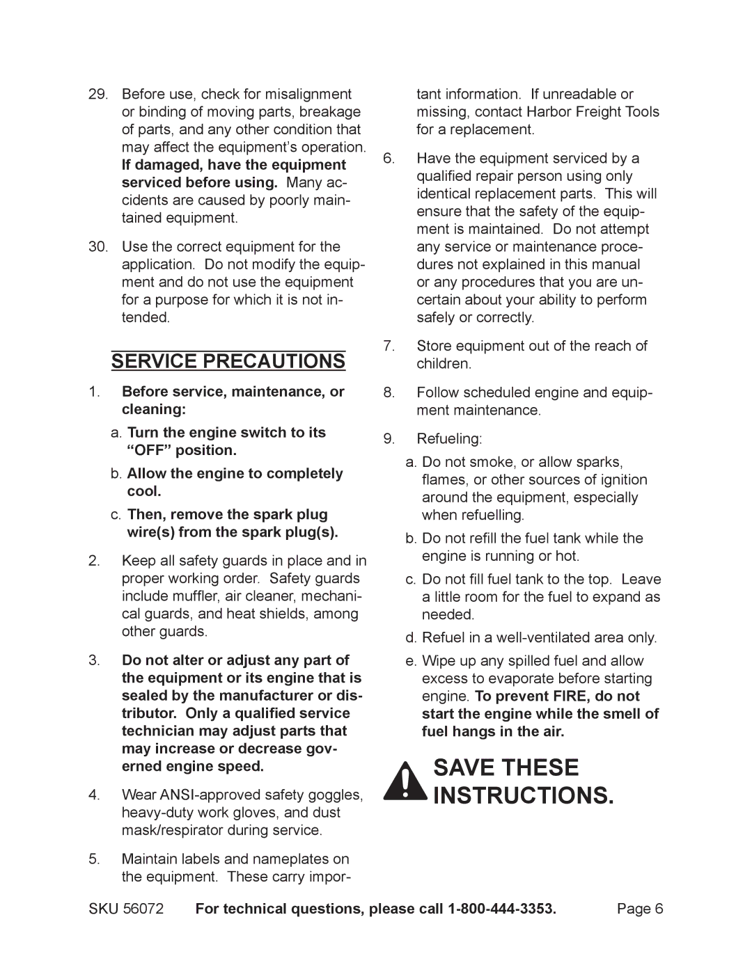 Harbor Freight Tools 56072 manual Service precautions 