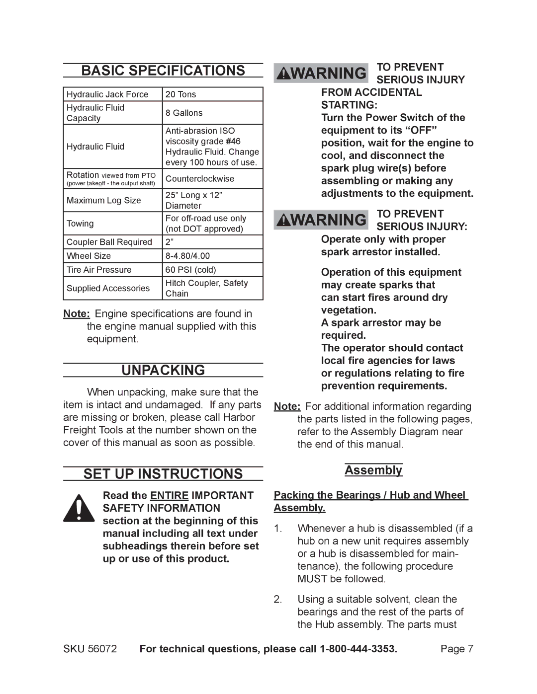 Harbor Freight Tools 56072 manual Basic Specifications, Unpacking, Set Up Instructions, Assembly 