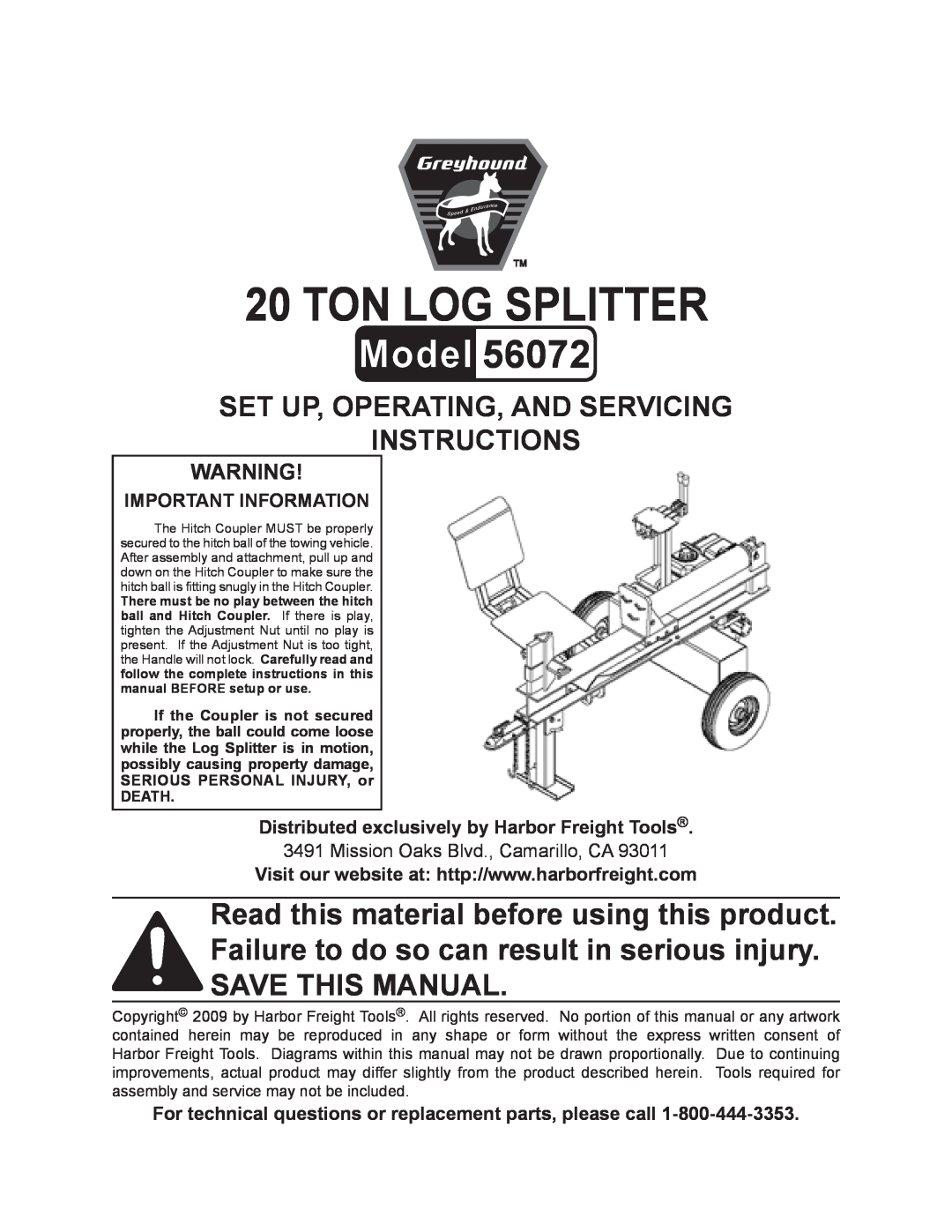 Harbor Freight Tools 56072 manual ton log splitter, Set up, Operating, and Servicing Instructions 