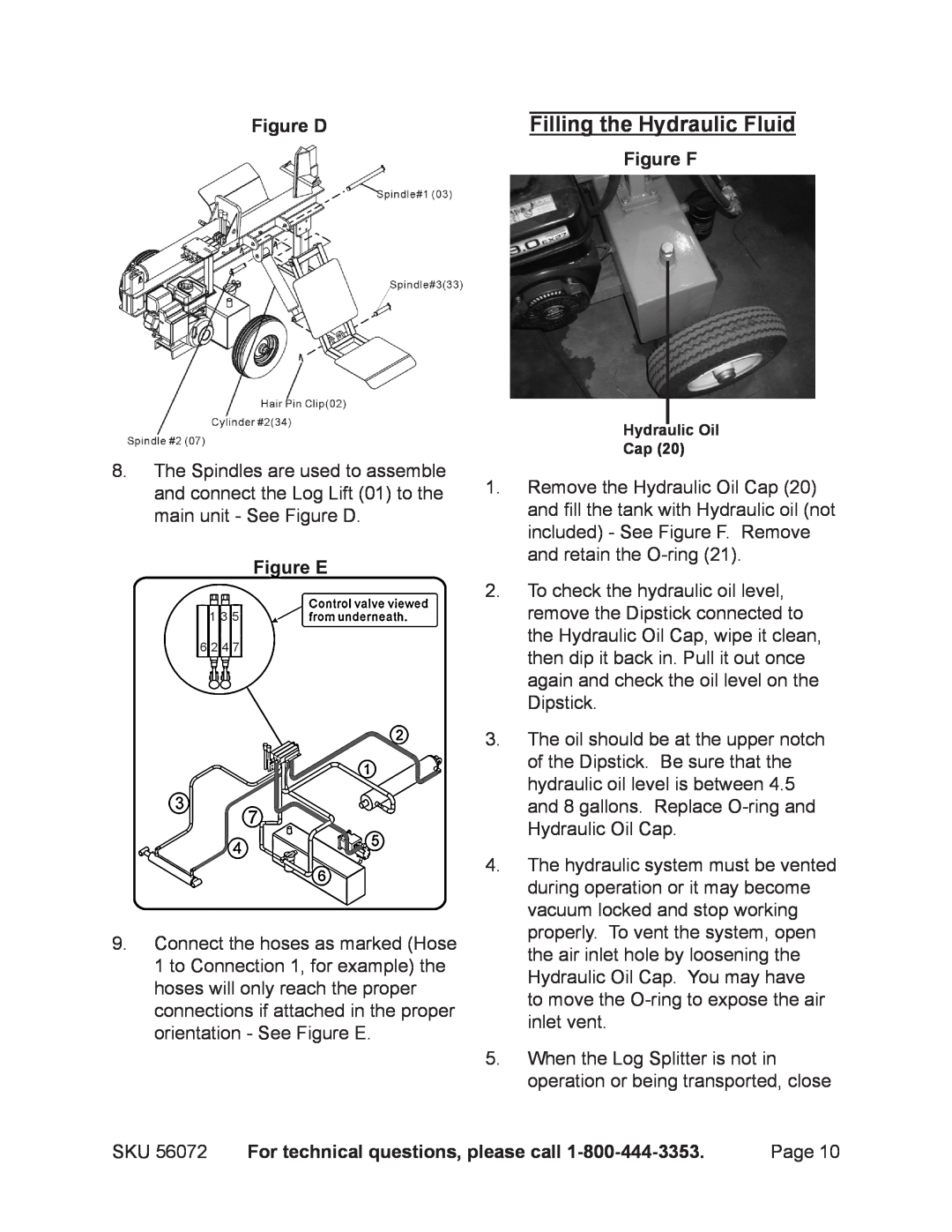 Harbor Freight Tools 56072 manual Filling the Hydraulic Fluid, Figure D, Figure F, For technical questions, please call 