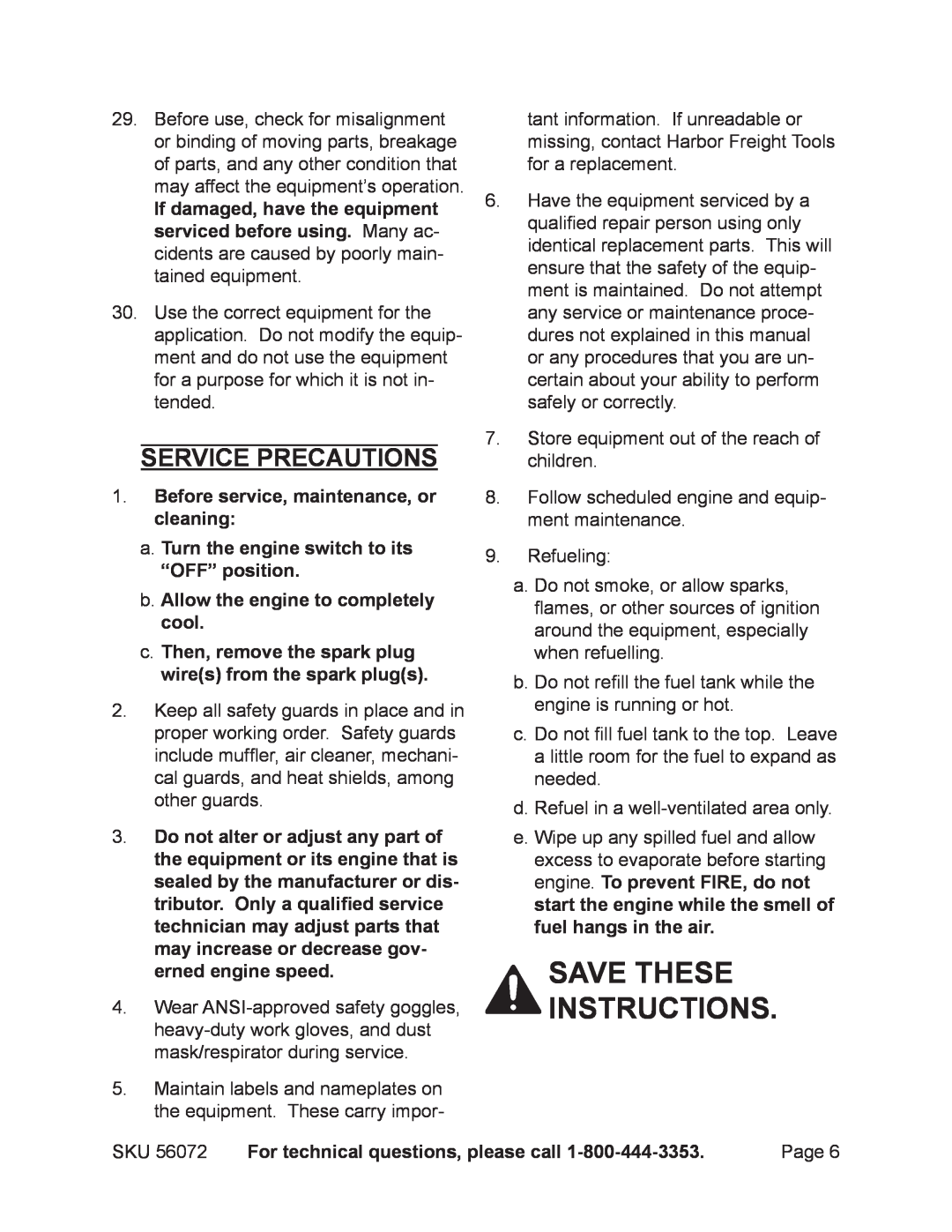 Harbor Freight Tools 56072 manual Save these instructions, Service precautions 