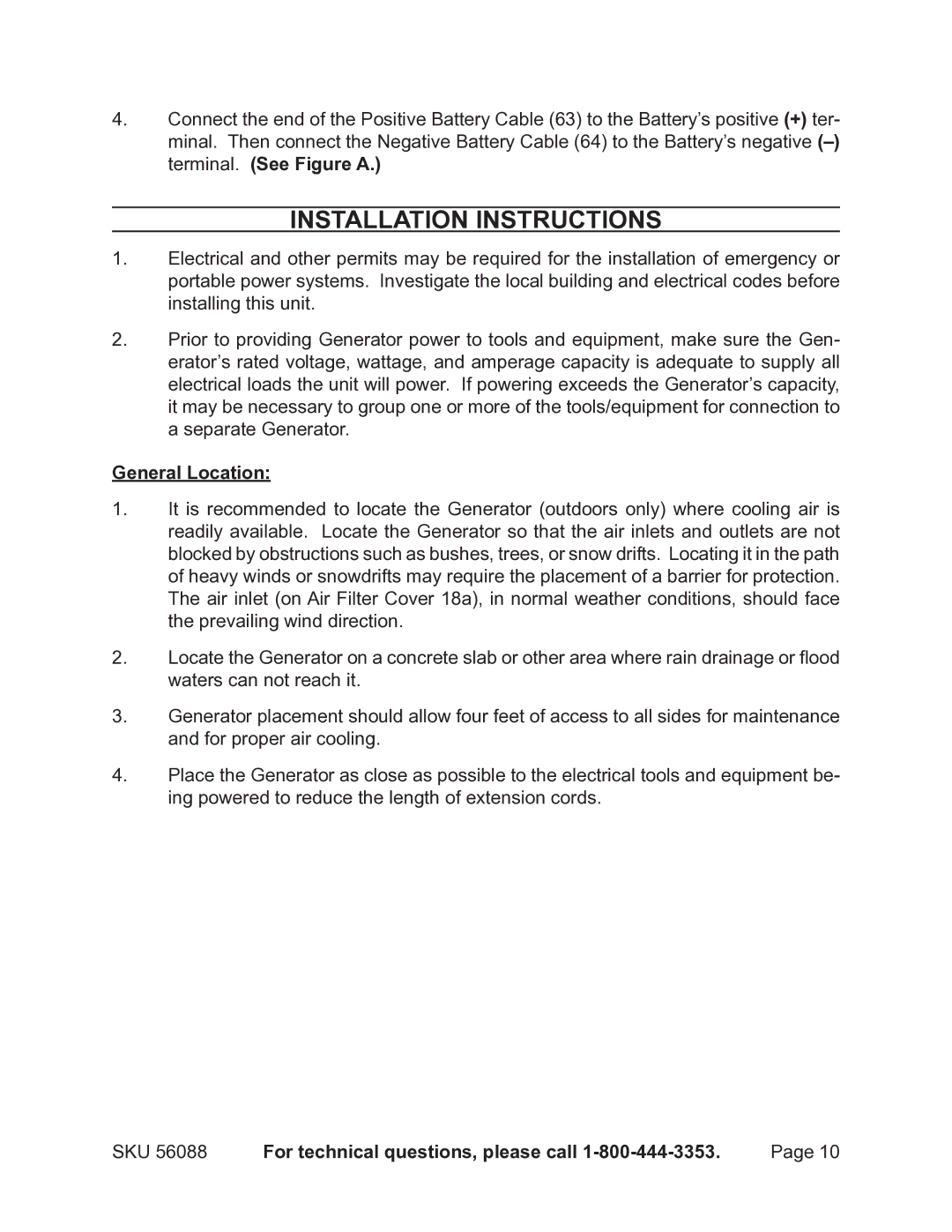 Harbor Freight Tools 56088 warranty Installation Instructions, General Location 