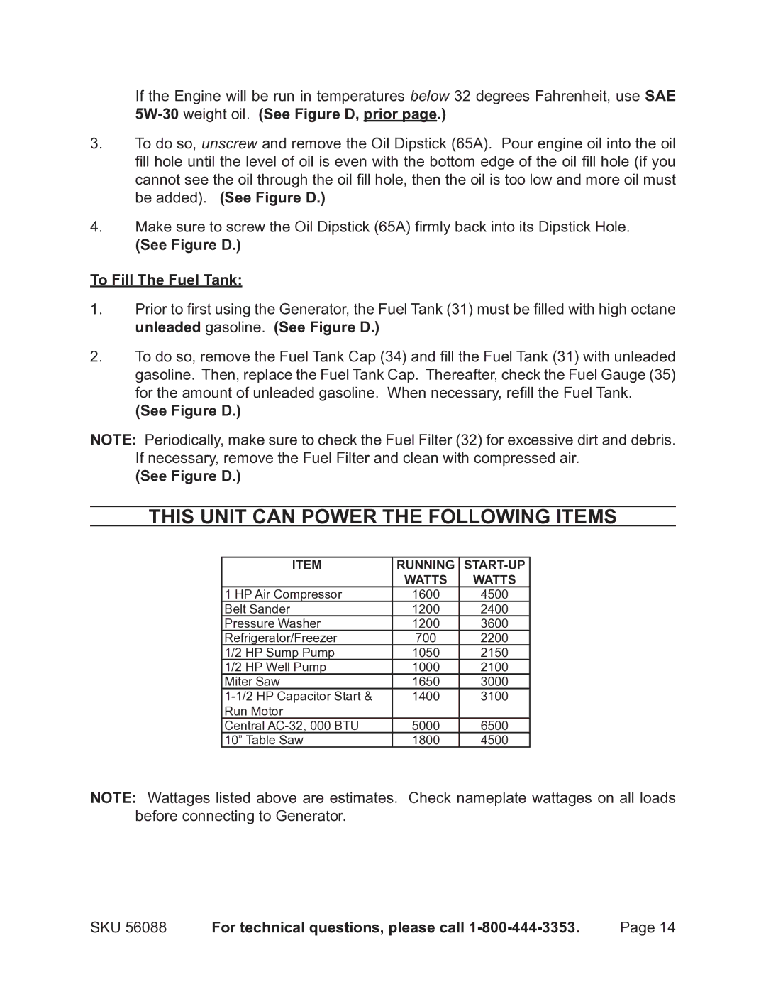 Harbor Freight Tools 56088 warranty This Unit can Power the Following Items, See Figure D To Fill The Fuel Tank 