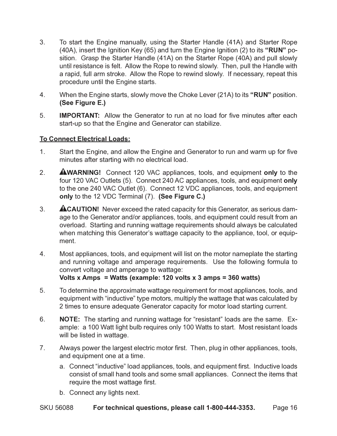 Harbor Freight Tools 56088 warranty See Figure E, To Connect Electrical Loads 